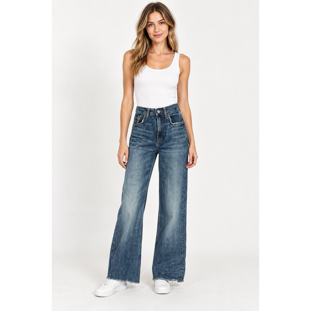 Zara High Rise Wide Leg Medium Wash Raw Hem Blue Denim Jeans Women’s Size 2